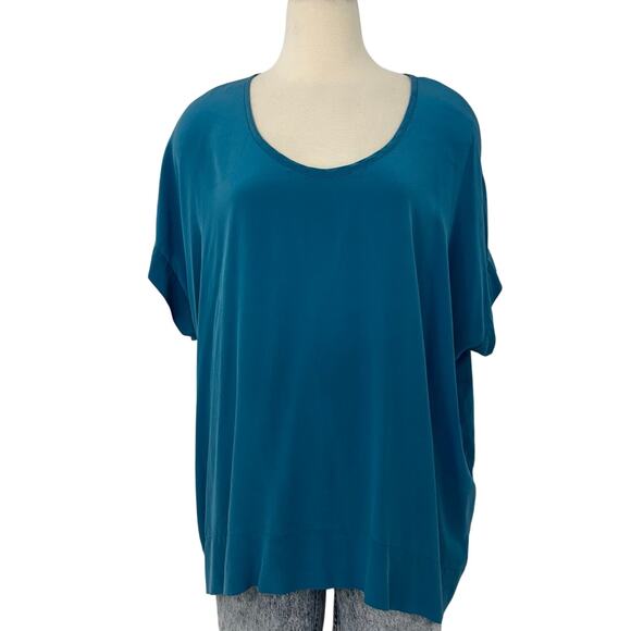 Eileen Fisher Silk Crepe Tunic Blouse Dolman Sleeves Boxy Oversized M Blue - Picture 1 of 9
